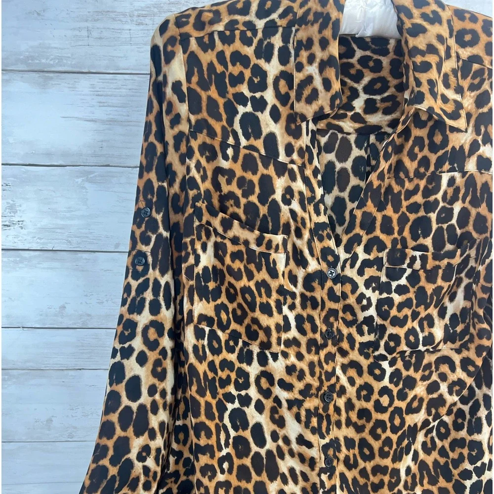 Express Portofino Shirt  Small Brown Black Leopard Button Career Casual - Picture 6 of 11